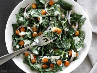 Kale Salad with Cajun Spiced Chickpeas and Buttermilk Dressing. BudgetBytes.com