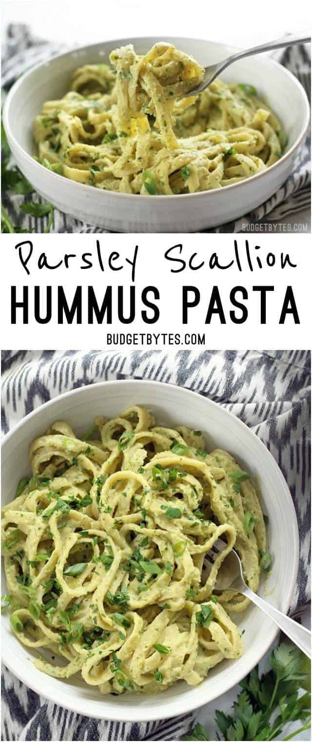 Parsley Scallion Hummus Pasta - Hummus makes a wonderfully creamy vegan pasta sauce for summer. BudgetBytes.com