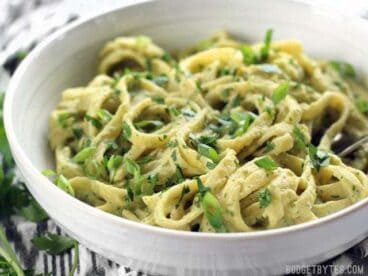 Parsley Scallion Hummus Pasta - Hummus makes a wonderfully creamy vegan pasta sauce for summer. BudgetBytes.com