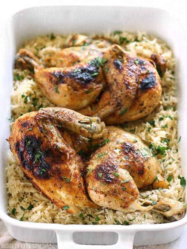 Pressure Cooker Chicken and Rice browned and in a serving dish.