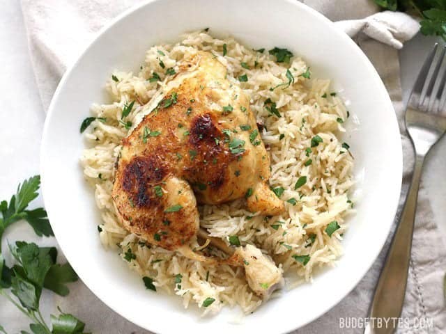 Pressure Cooker Chicken and Rice served up on a plate.