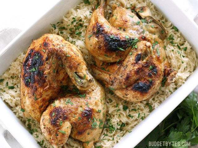 Overhead shot of Pressure Cooker Chicken and Rice in a serving dish.