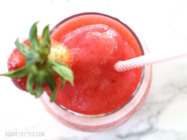 Finished Strawberry Rosé Slush in a glass, from above