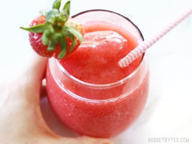 Strawberry Rosé Slush is the perfect refreshing frozen summer drink. BudgetBytes.com