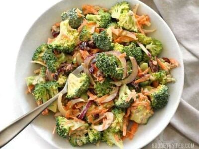 Broccoli Salad with Honey Yogurt Dressing is light and refreshing raw salad for summer. BudgetBytes.com