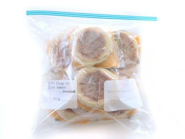 Freezer Breakfast Sandwiches packed into a gallon-sized freezer bag.