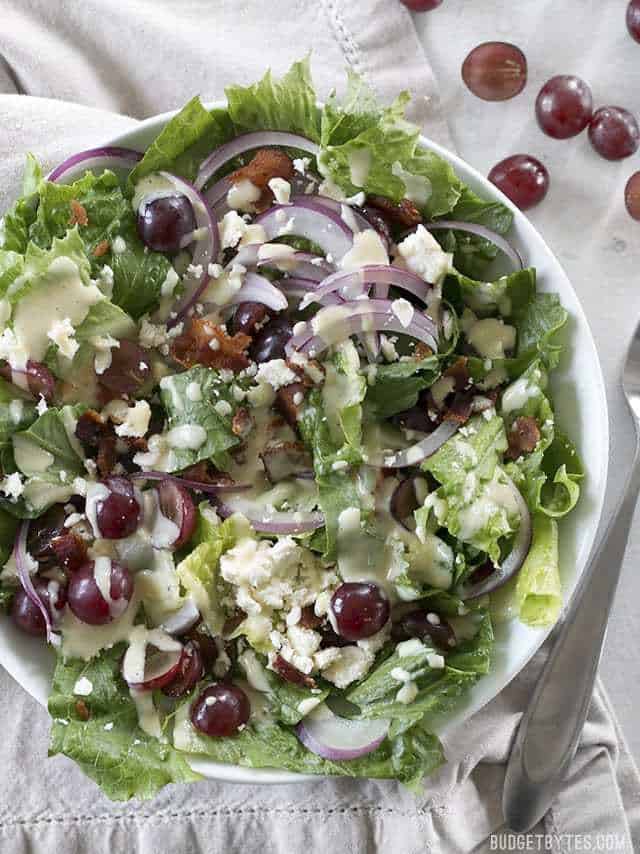 Top view of a plate of Grape Feta and Bacon Salad