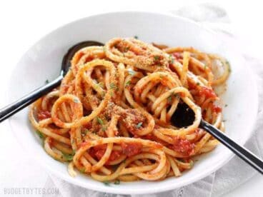 Pasta with 5 Ingredient Butter Tomato Sauce uses simple ingredients to make an elegant meal. BudgetBytes.com