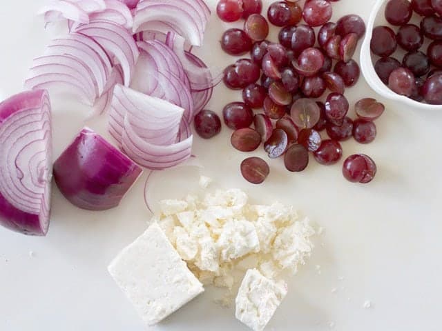 Prepped Salad Toppings (onion, grapes and feta cheese)