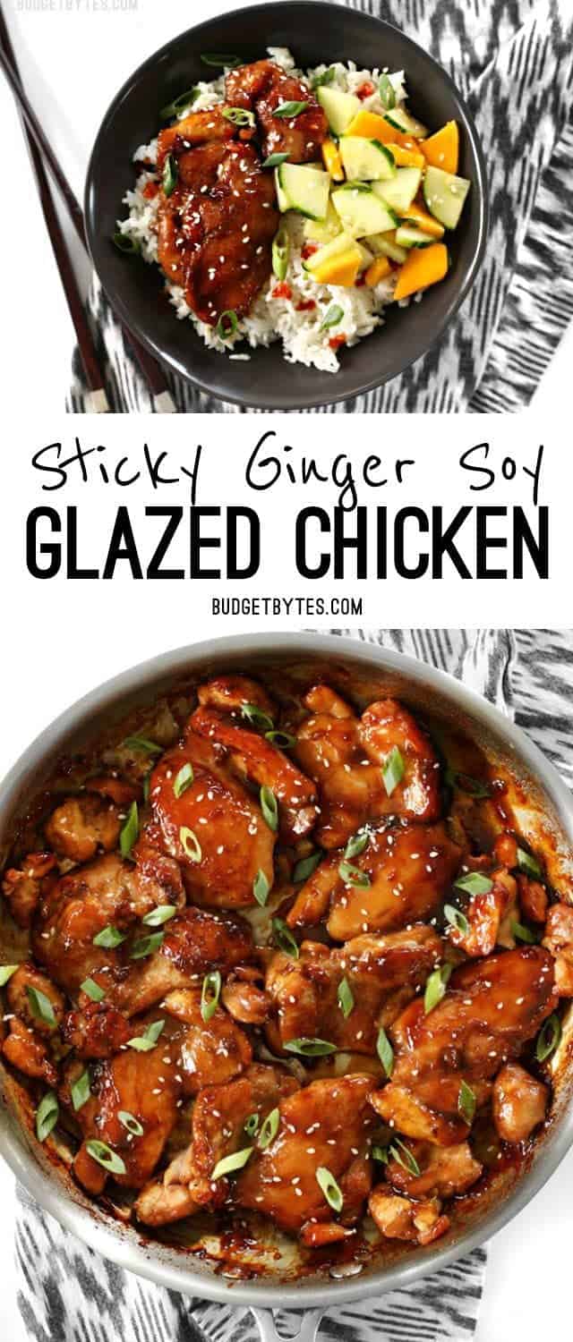 Sticky Ginger Soy Glazed Chicken features and simple marinade that turns into a sticky and delicious glaze. BudgetBytes.com