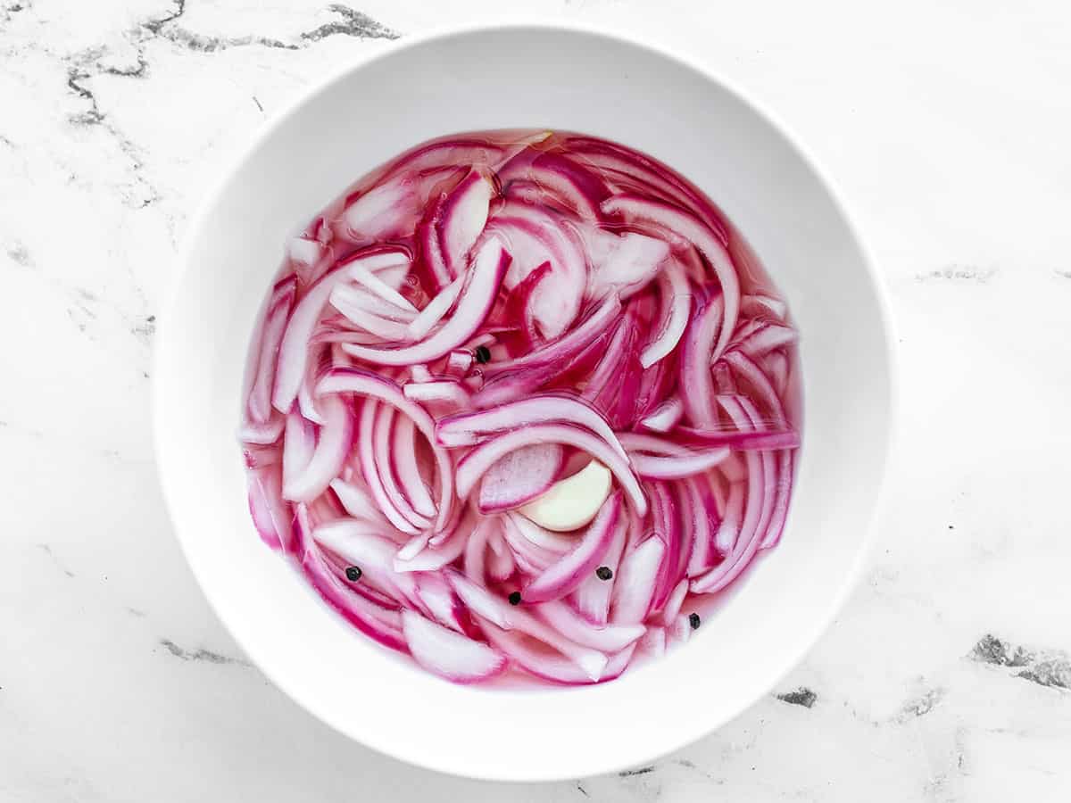Pickled red onions finished in a bowl