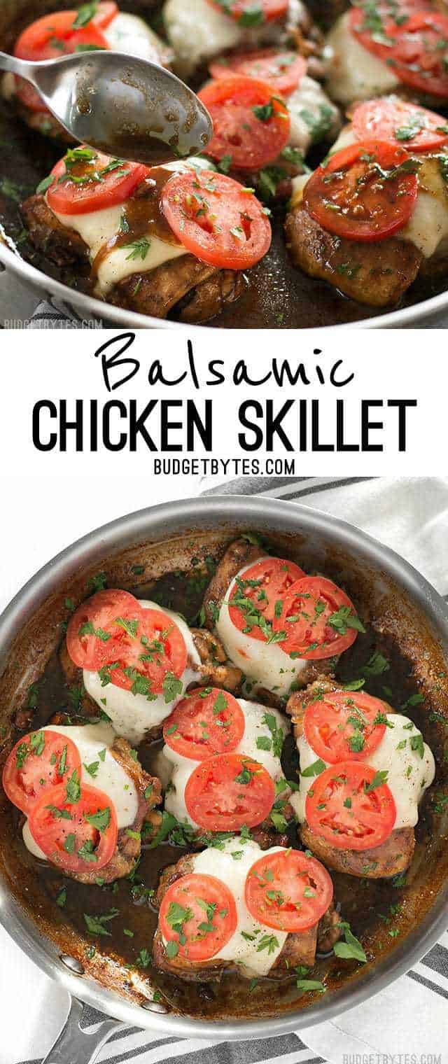 A simple marinade adds big flavor to this fast and easy Balsamic Chicken Skillet with creamy mozzarella and fresh tomatoes. BudgetBytes.com
