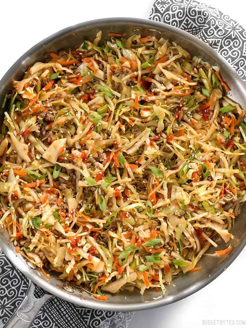 This fast and easy Beef and Cabbage Stir Fry is a filling low carb dinner with big flavor. BudgetBytes.com Close view of the skillet full of Beef and Cabbage Stir Fry