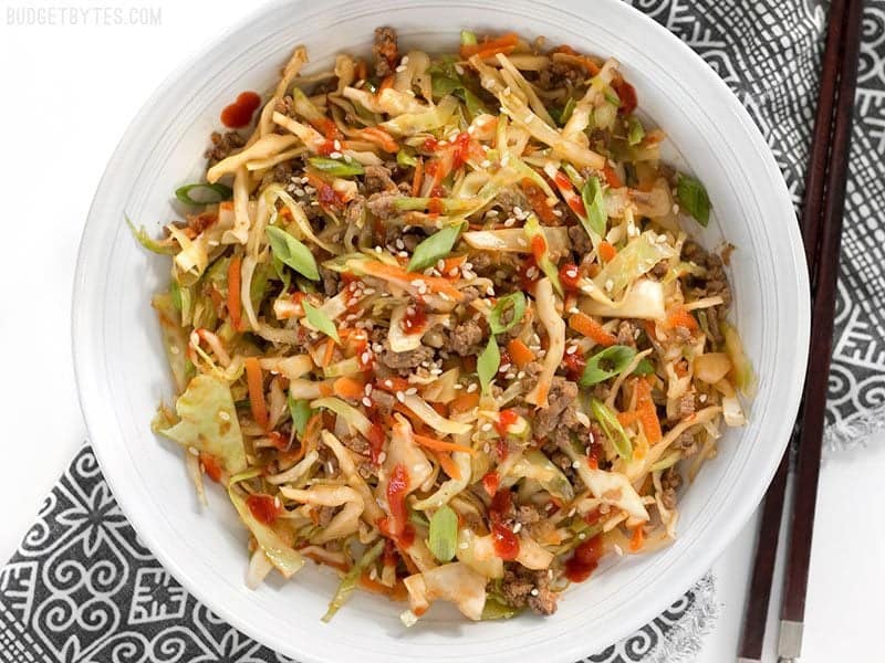 Overhead shot of a bowl of Beef and Cabbage Stir Fry 