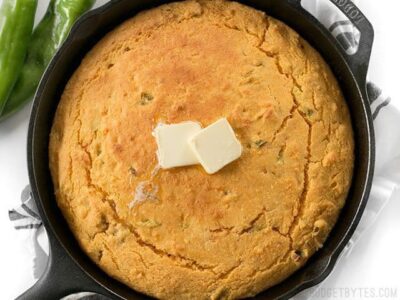 Hatch Chile Sweet Potato Cornbread boasts the subtle sweetness of sweet potatoes paired with the smoky flavor of roasted Hatch chiles. BudgetBytes.com