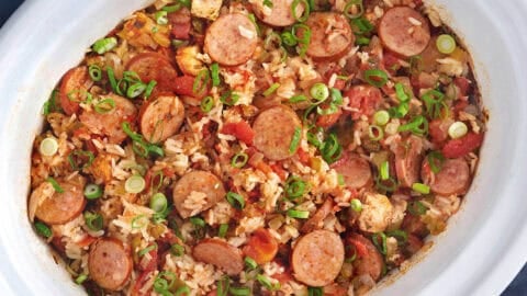 Jambalaya in a white crockpot.