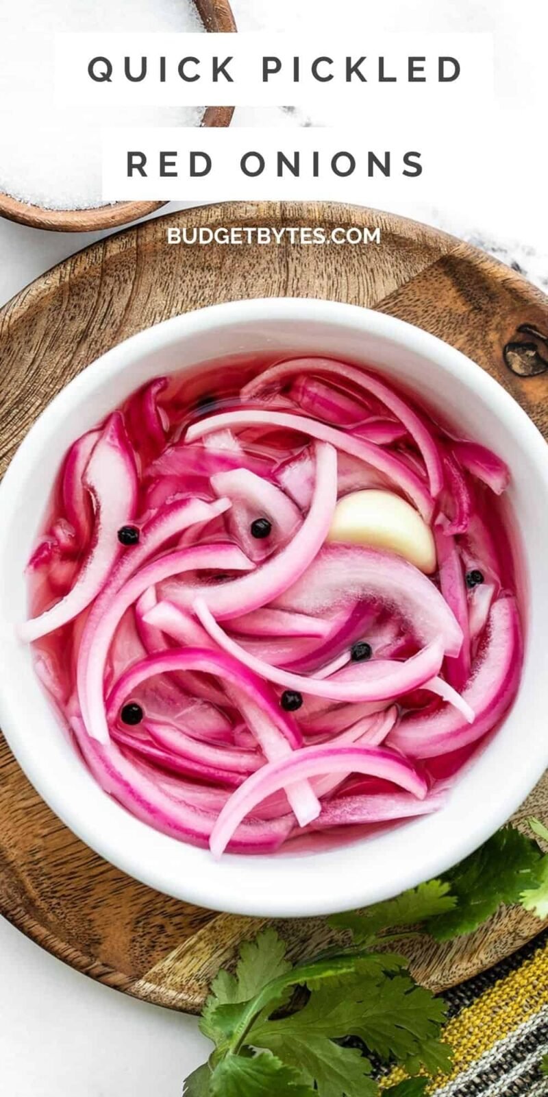 Overhead view of a bowl of pickled red onions, title text at the top