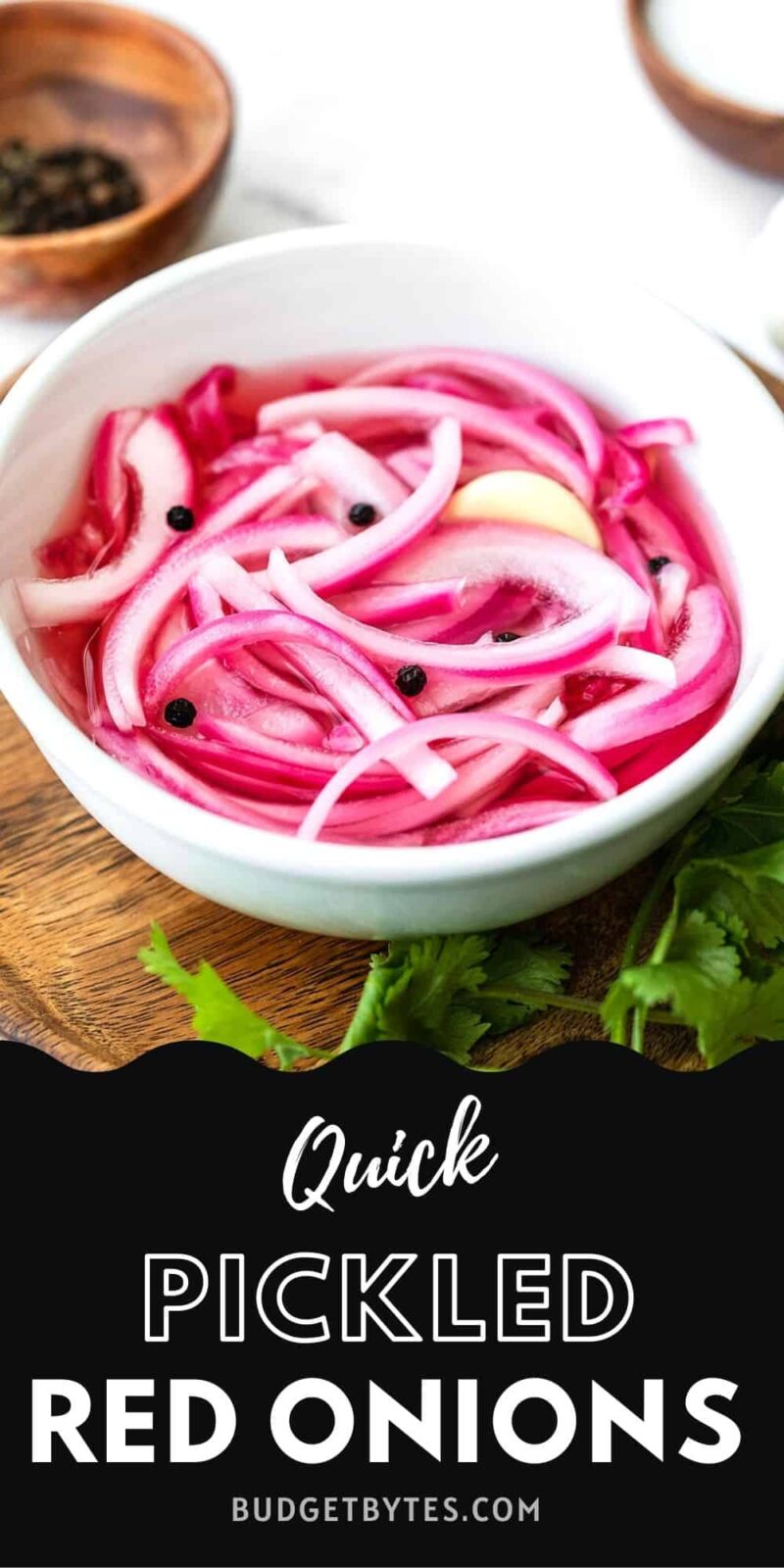 Side view of a bowl of pickled red onions, title text at the bottom