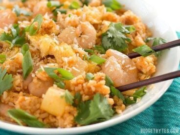 Shrimp Fried Rice with Pineapple and Toasted Coconut is a fast and easy meal with tropical flare. BudgetBytes.com