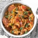 Slow cooker jambalaya served in a bowl.