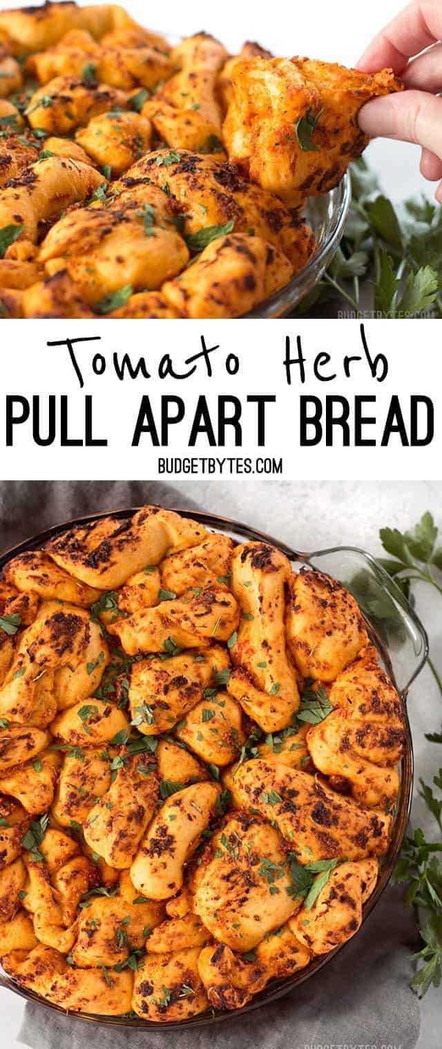 Tomato Herb Pull Apart Bread combines a rich and tangy tomato sauce, savory Parmesan, and fresh bread dough for an irresistible appetizer loaf. BudgetBytes.com