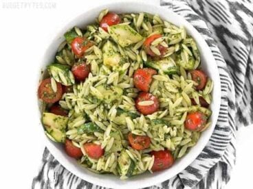 Zucchini and Orzo Salad with Chimichurri is a fresh summer side with bold herbal flavors. BudgetBytes.com