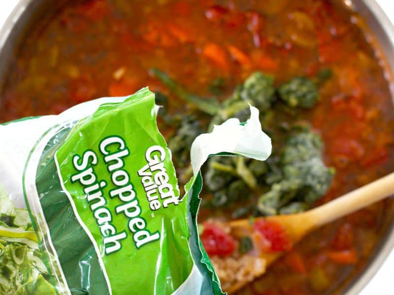 Add Frozen Spinach to the quinoa soup