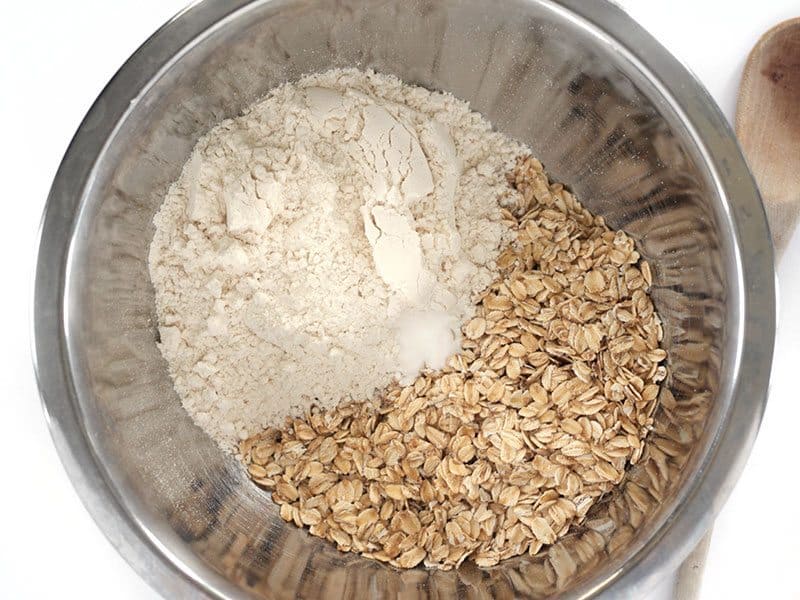 Flour, Oats, and Baking Soda in a metal bowl