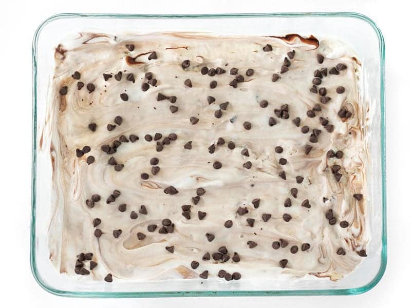 Frozen Mint Chocolate Chip Ice Cream in the glass dish