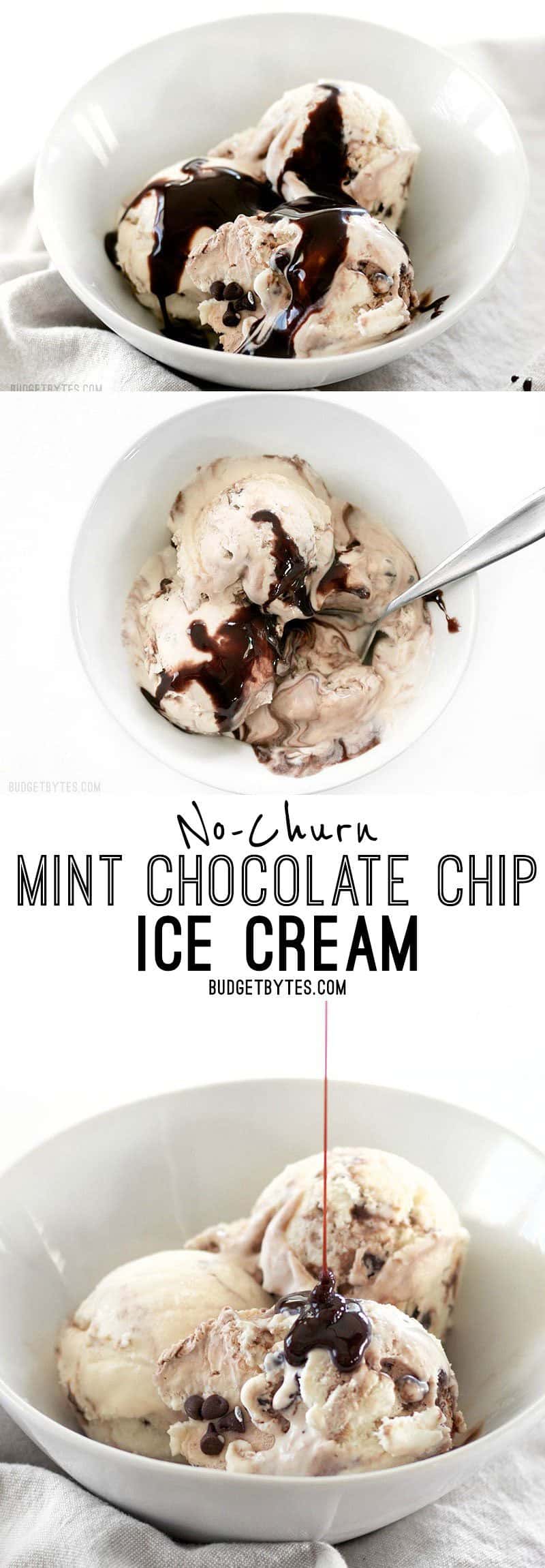 Silky smooth and creamy No-Churn Mint Chocolate Chip Ice Cream is easy to make at home. BudgetBytes.com