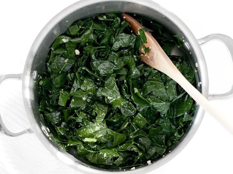 Wilted Kale in the pot with garlic