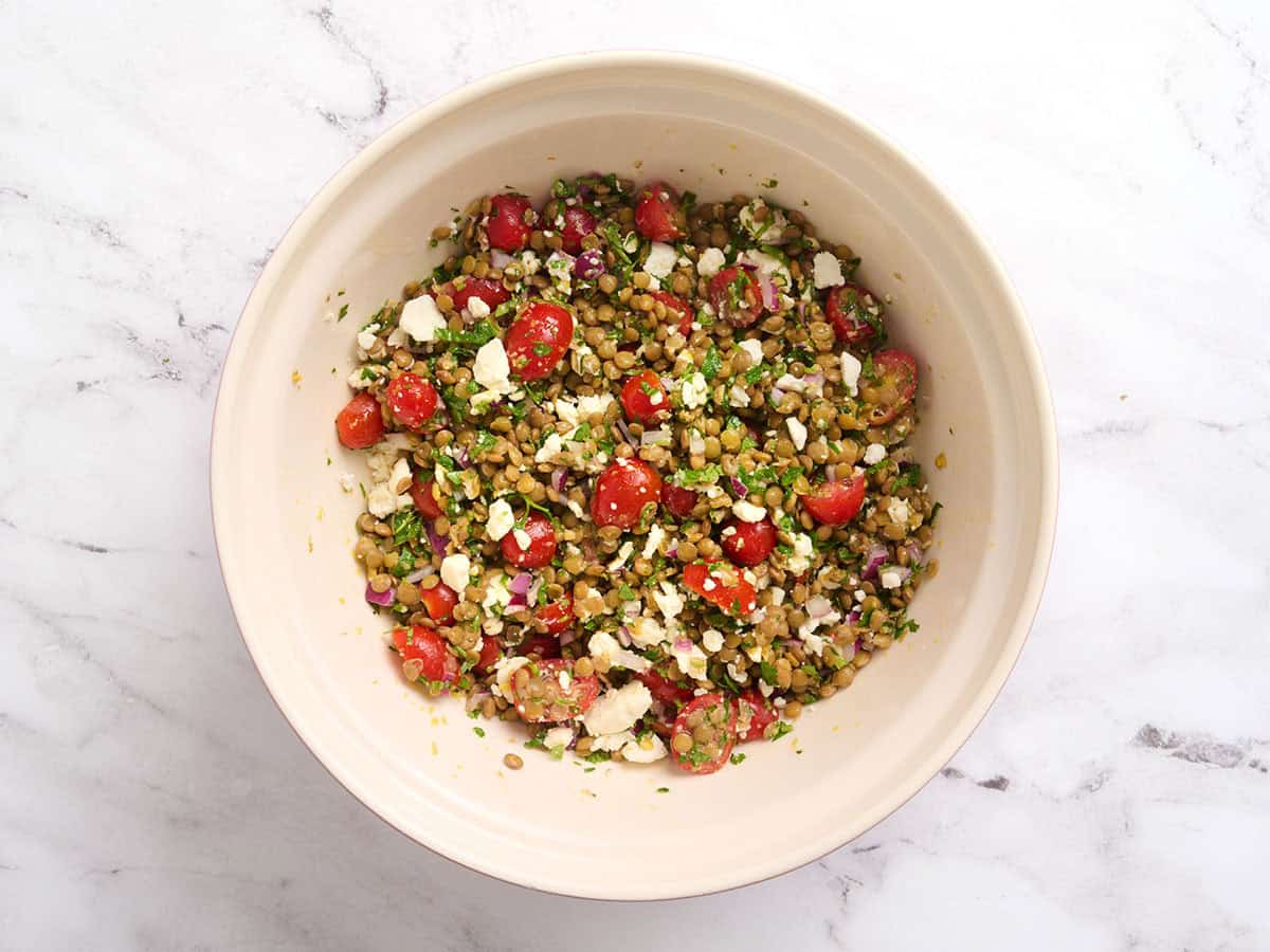 Finished lentil salad in a bowl.