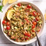 Overhead view of a bowl of lentil salad.