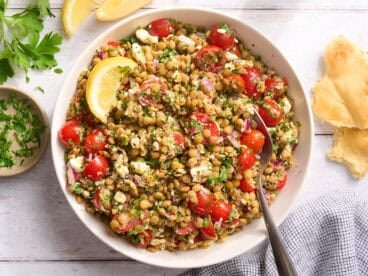Overhead view of a bowl of lentil salad.