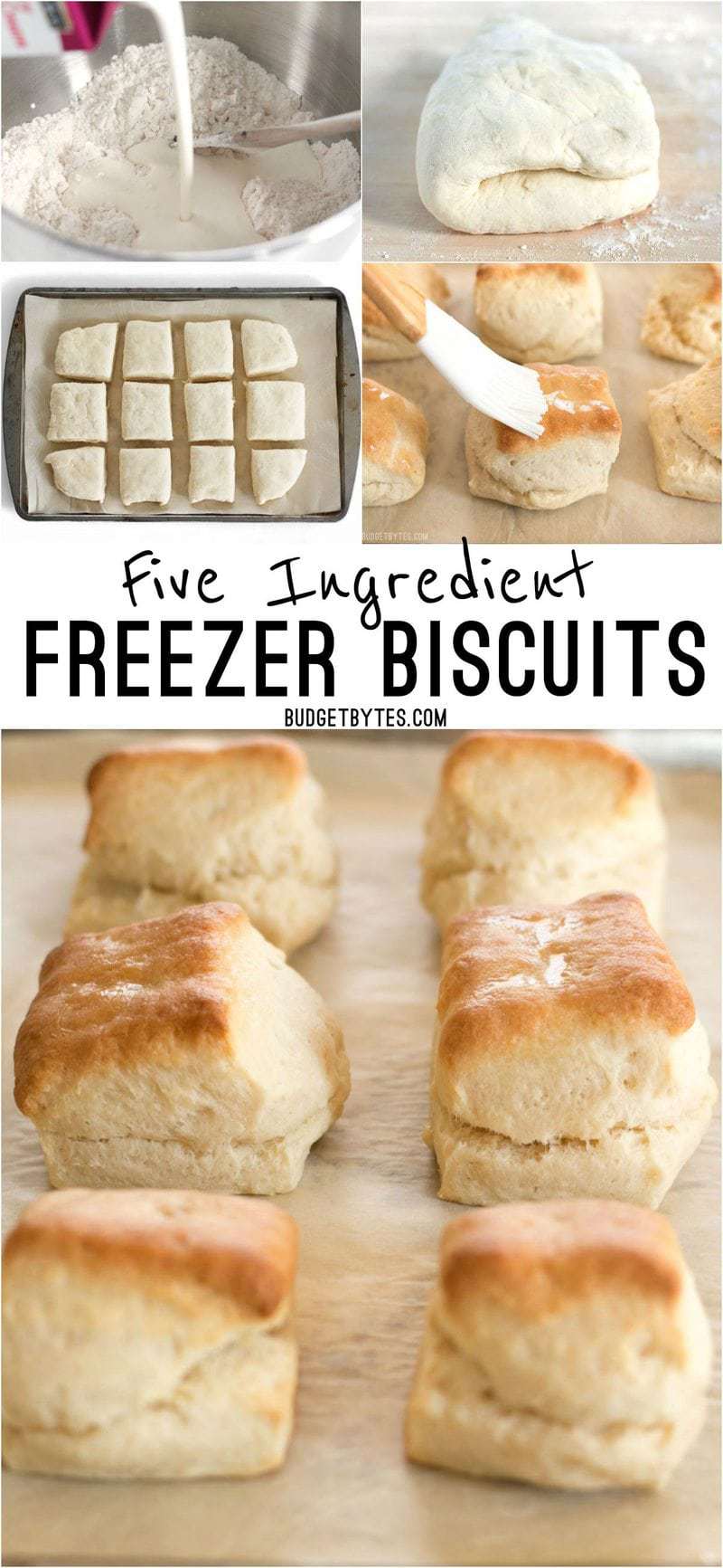 5 Ingredient Freezer Biscuits are the fastest and easiest way to have fresh, warm, and fluffy biscuits for breakfast any day of the week. BudgetBytes.com