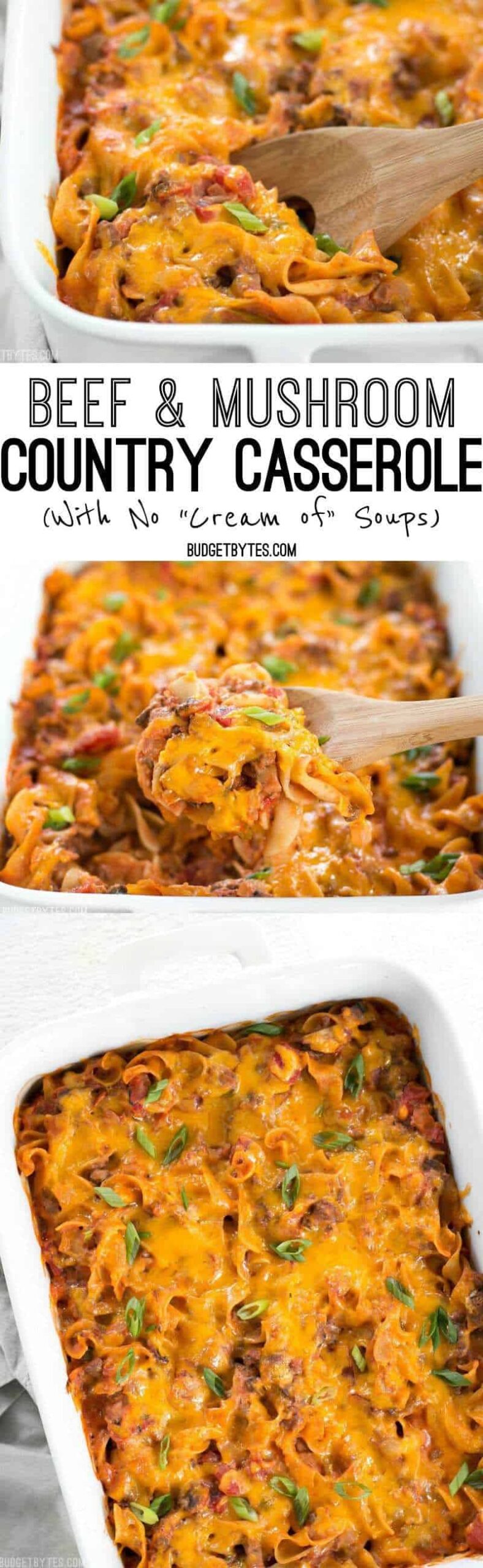 Beef & Mushroom Country Casserole is a filling and flavorful hot meal that the whole family will love, and with NO cream of soups! BudgetBytes.com