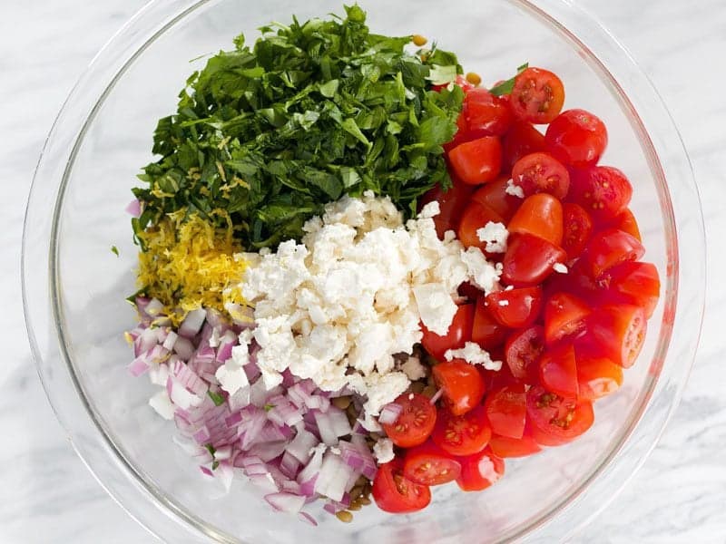 Lentil Salad Ingredients in a Glass Bowl