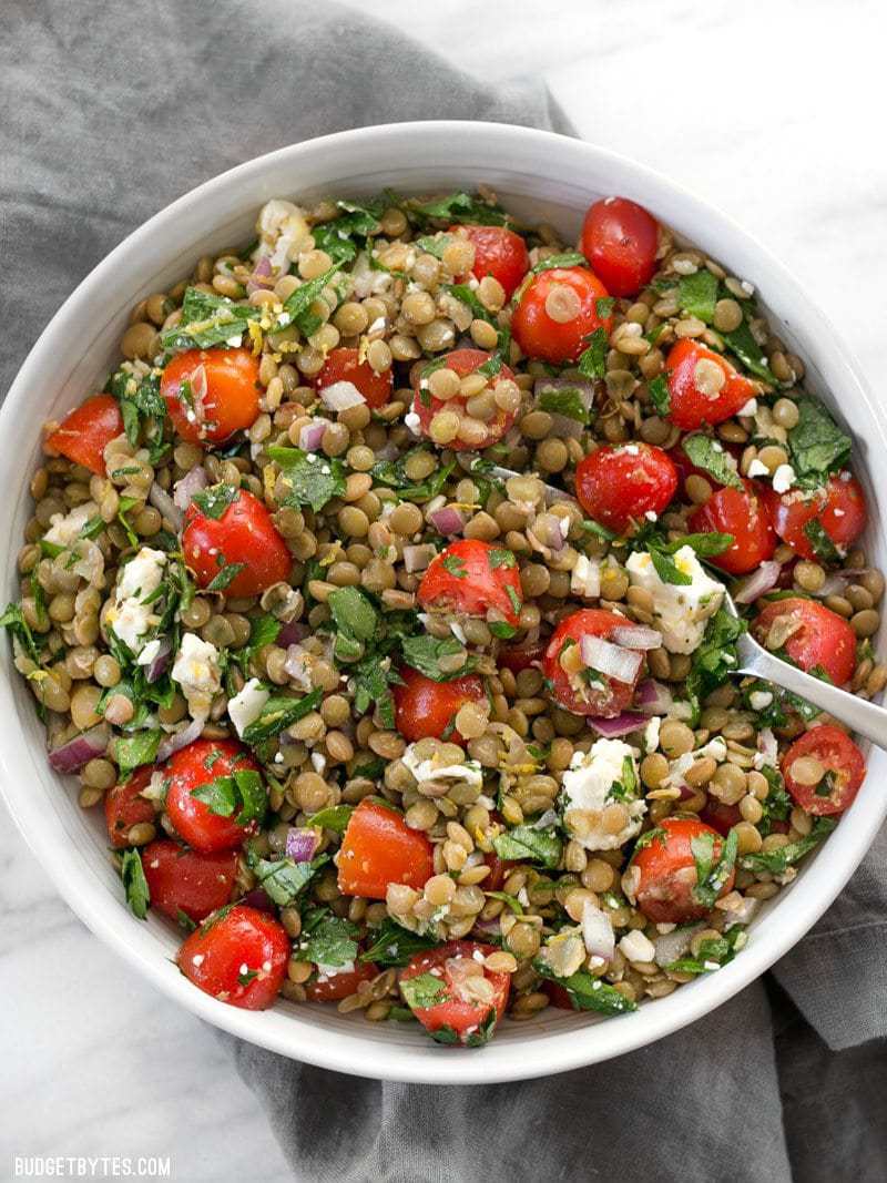 Overhead view of a large bowl of Marinated Lentil Salad with a fork stuck in the side