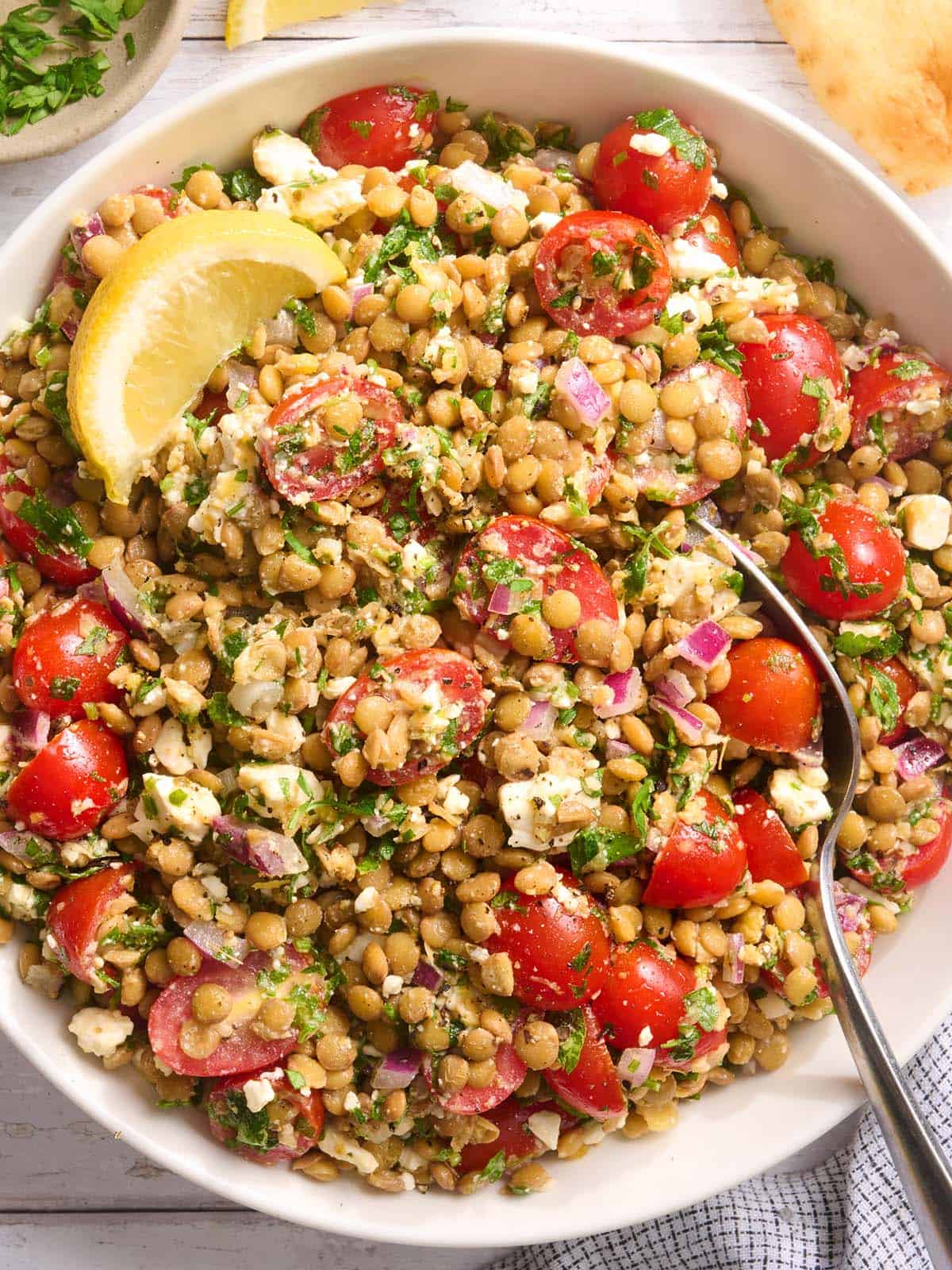 Overhead view of a bowl of lentil salad.
