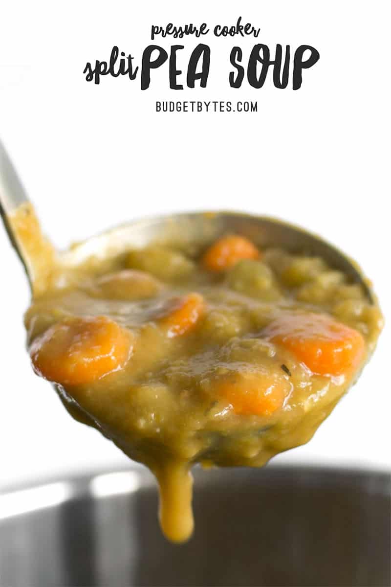 Pressure Cooker Split Pea Soup dripping off a ladle.