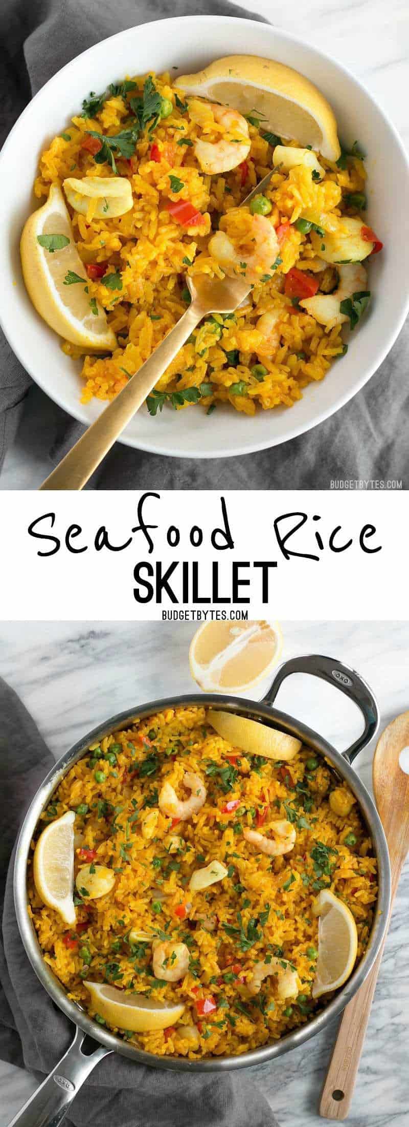 Seafood Rice Skillet is a nod to seafood paella using easy to find ingredients and equipment. Impress your dinner guests with this easy and impressive dish! BudgetBytes.com