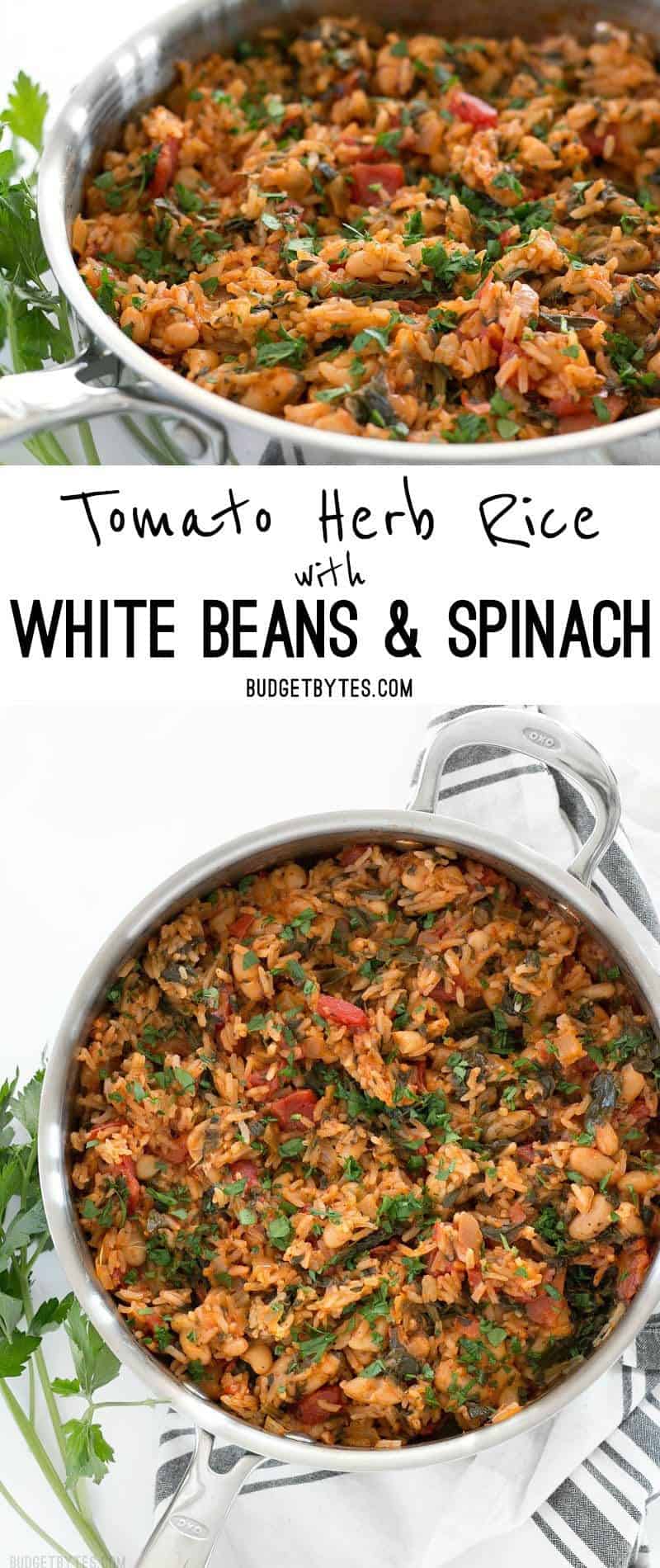 Tomato Herb Rice with White Beans and Spinach is a hearty and flavorful vegan dinner that will be loved by meat eaters and vegetarians alike. BudgetBytes.com