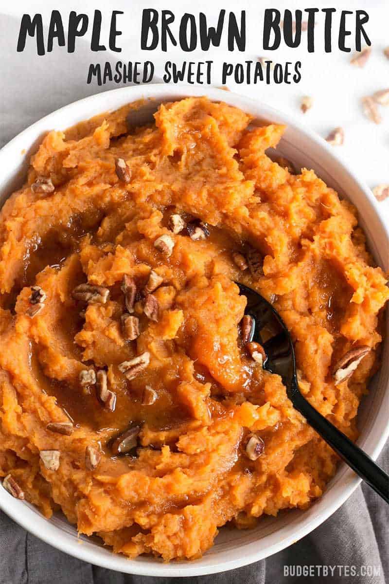 Maple Brown Butter Mashed Sweet Potatoes are a simple way to add a little something extra special to your Thanksgiving table. Easy, delicious, elegant. Budgetbytes.com