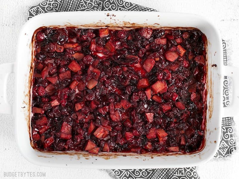 Finished Roasted Apple Cranberry Relish in the casserole dish