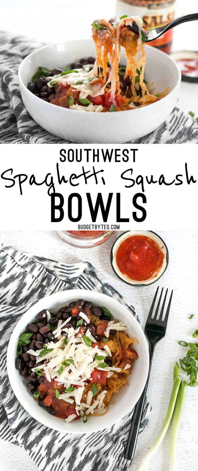 Spaghetti squash makes a great fiber-filled low-carb substitute for rice in these Southwest Spaghetti Squash Bowls. BudgetBytes.com
