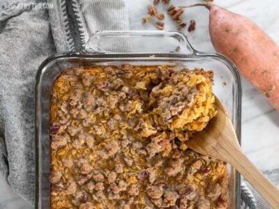 Sweet Potato Casserole Baked Oatmeal is a great way to have your favorite Thanksgiving side as a nutrient packed breakfast. BudgetBytes.com