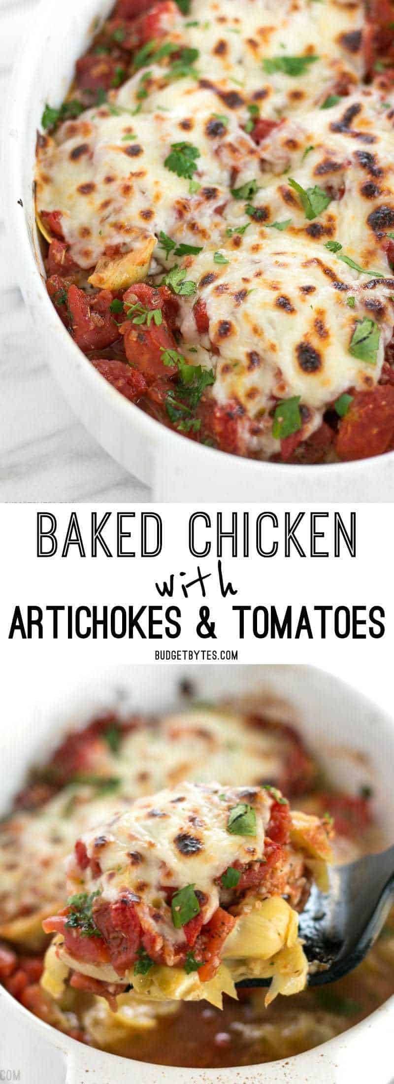 Baked Chicken with Artichokes and Tomatoes is an easy last minute dinner you can make with pantry staples. BudgetBytes.com