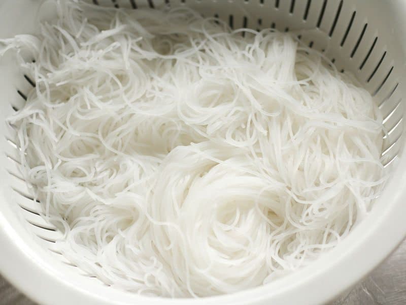 Cooked Rice Noodles in a colander