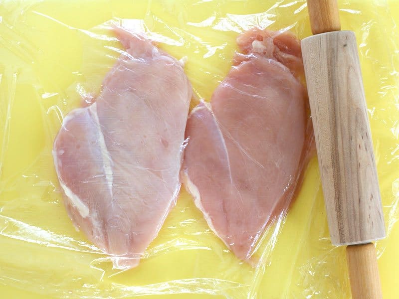 Pound Chicken Breasts to an even thickness with rolling pin