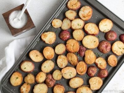 Salt & Vinegar Roasted Potatoes feature delicate and flakey Kosher salt, which provides a pop of flavor with every bite and a wonderfully crunchy texture. BudgetBytes.com